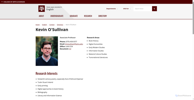 Security scan screenshot of https://artsci.tamu.edu/english/contact/profiles/kevin-osullivan.html