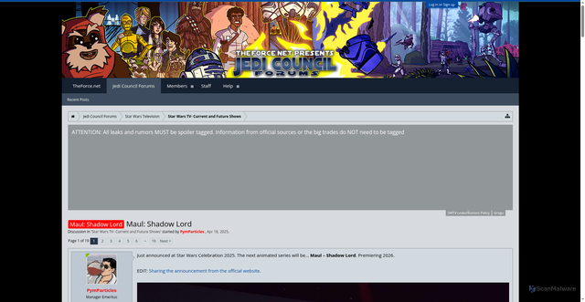 Security scan screenshot of https://boards.theforce.net/threads/maul-shadow-lord.50061167/