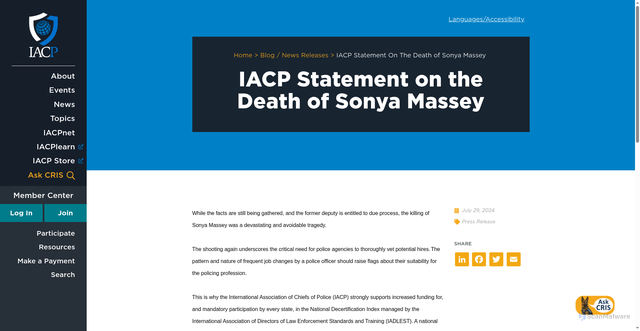 Security scan screenshot of https://www.theiacp.org/news/press-release/iacp-statement-on-the-death-of-sonya-massey