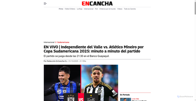 Security scan screenshot of https://www.encancha.cl/internacional/copa-sudamericana/2025/10/21/en-vivo-independiente-del-valle-vs-atletico-mineiro-por-copa-sudamericana-2025-minuto-a-minuto-del-partido/