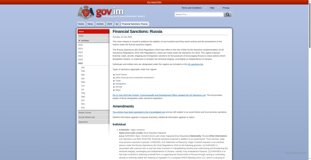 Security scan screenshot of https://www.gov.im/news/2025/jul/22/financial-sanctions-russia/