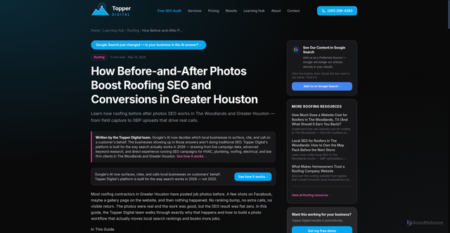 Security scan screenshot of https://topper-digital.pages.dev/learning-hub/roofing/roofing-before-after-seo/