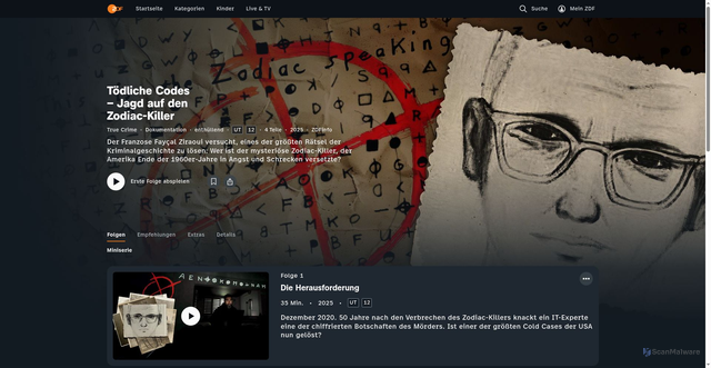 Security scan screenshot of https://www.zdf.de/dokus/zdfinfo-toedliche-codes-jagd-auf-den-zodiac-killer-100
