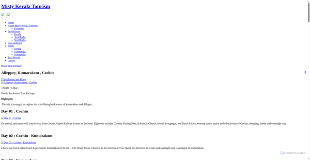 Security scan screenshot of https://mistykeralatourism.webdesignonline.in/misty_tour_packages_details.php?scid=2&pagenum=1&tour=Alleppey,%20Kumarakom%20,%20Cochin&pg=index