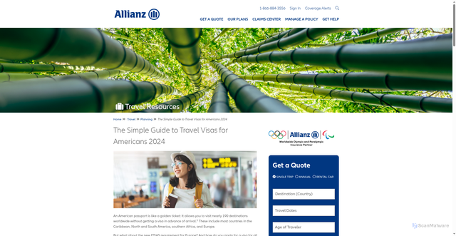 Security scan screenshot of https://www.allianztravelinsurance.com/travel/planning/guide-to-travel-visas.htm