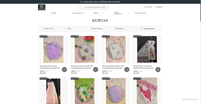 Security scan screenshot of https://handloomclothstore.com/KURTAS/collection/8IsEB4Uc