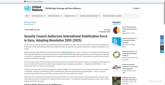 Security scan screenshot of https://press.un.org/en/2025/sc16225.doc.htm