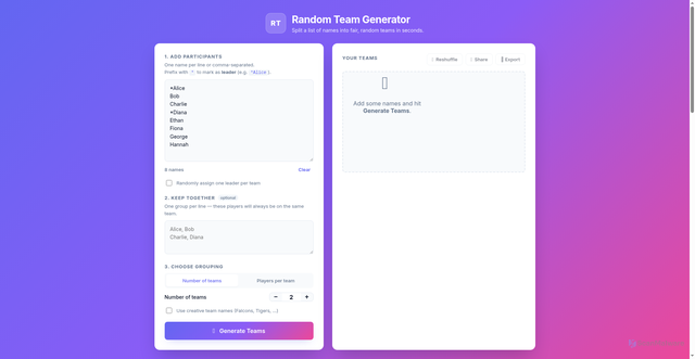 Security scan screenshot of http://randomteamgenerator.io/