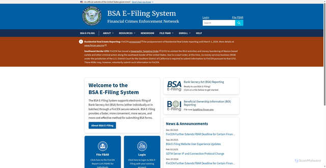 Security scan screenshot of https://bsaefiling.fincen.treas.gov