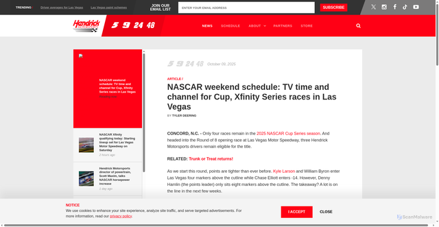 Security scan screenshot of https://www.hendrickmotorsports.com/news/articles/144613/nascar-on-tv-this-weekend-hendrick-motorsports-las-vegas-kyle-larson-chase-elliott-william-byron-jeff-gordon-playoffs