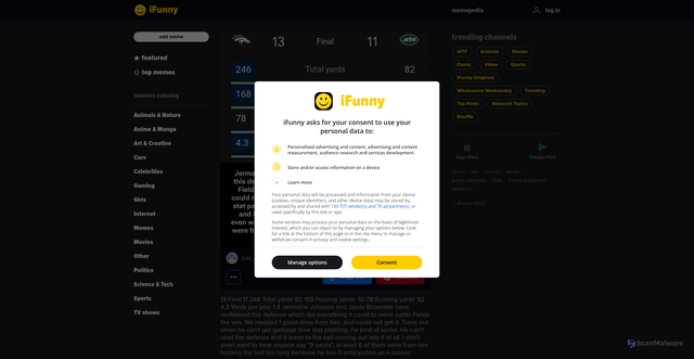 Security scan screenshot of https://ifunny.co/picture/13-final-11-246-total-yards-82-168-passing-yards-LNnx5dumC