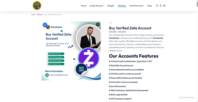 Security scan screenshot of https://smmbanks.com/product/buy-verified-zelle-account/?attribute_pa_buy-verified-zelle-account=01-verified-zelle-account