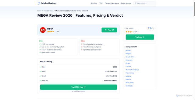 Security scan screenshot of https://safetoolreviews.com/review/mega