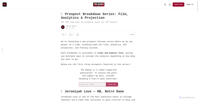 Security scan screenshot of https://www.thedevyroyale.com/p/prospect-breakdown-series-film-analytics