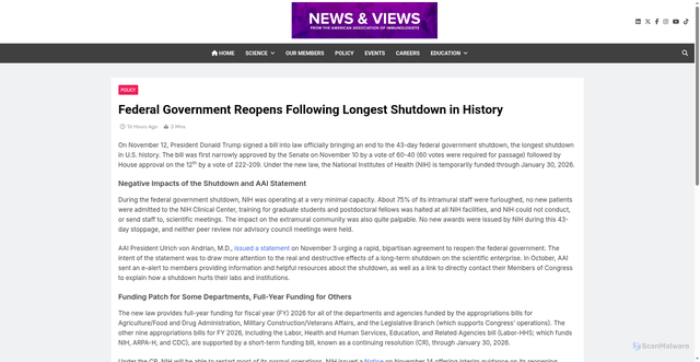 Security scan screenshot of https://news.aai.org/2025/11/19/federal-government-reopens-following-longest-shutdown-in-history/