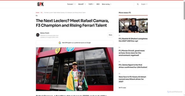Security scan screenshot of https://gpkingdom.it/en/75840/the-next-leclerc-meet-rafael-camara-f3-champion-and-rising-ferrari-talent/