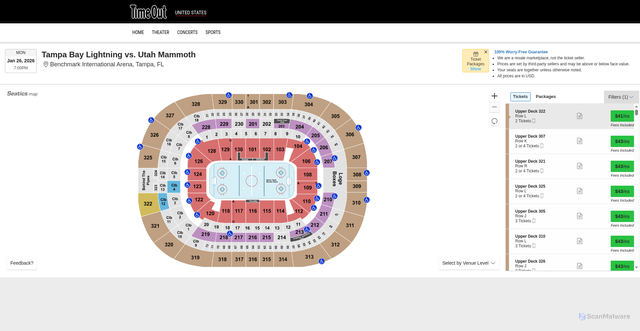 Security scan screenshot of https://entertainment.timeout.com/tickets/7273661/tampa-bay-lightning-vs-utah-mammoth-tickets-mon-jan-26-2026-benchmark-international-arena