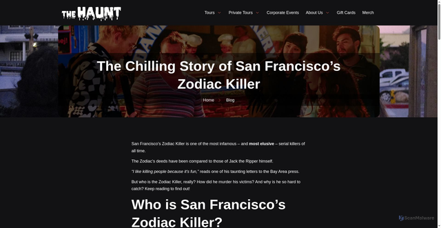 Security scan screenshot of https://thehauntghosttours.com/blog/zodiac-killer-san-francisco/