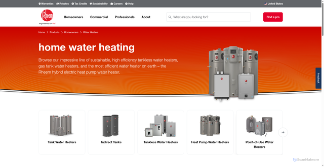 Security scan screenshot of https://www.rheem.com/products/residential/water-heating/