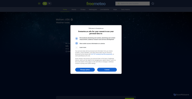Security scan screenshot of https://fj.freemeteo.com/weather/motion/daily-forecast/today/?gid=5568287&language=english&country=us-united-states