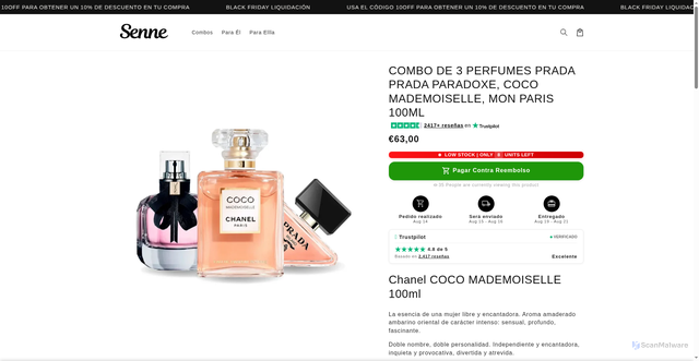 Security scan screenshot of https://seenee.site/products/pachet-promotional-de-3-parfumuri-good-girl-coco-mademoiselle-si-chanel-n%C2%BA5-100ml-copia