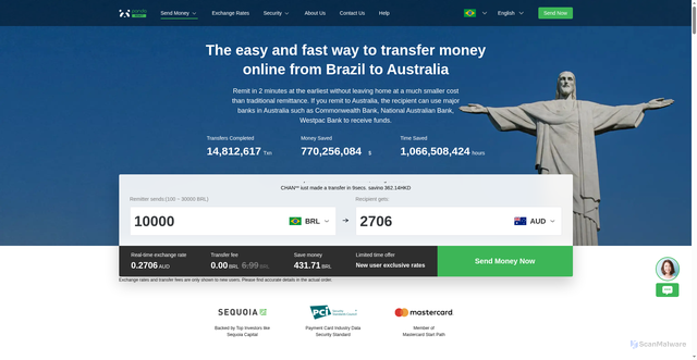 Security scan screenshot of https://www.pandaremit.com/en/bra/send-money-to-australia