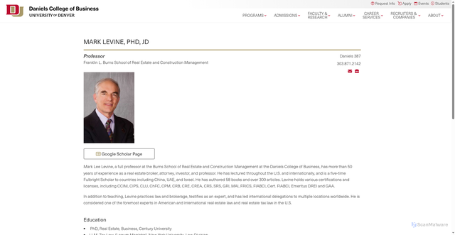Security scan screenshot of https://daniels.du.edu/directory/mark-levine/