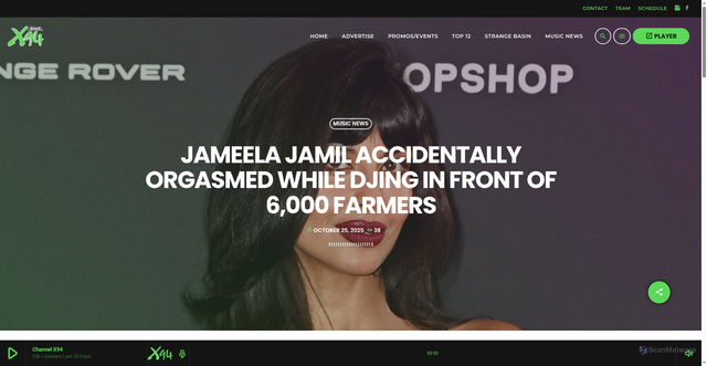 Security scan screenshot of https://channelx94.com/2025/10/jameela-jamil-accidentally-orgasmed-while-djing-in-front-of-6000-farmers