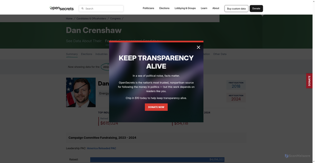 Security scan screenshot of https://www.opensecrets.org/members-of-congress/dan-crenshaw/summary?cid=N00042224