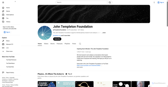 Security scan screenshot of https://consent.youtube.com/m?continue=https%3A%2F%2Fwww.youtube.com%2Fuser%2FTempletonFoundation%3Futm_source%3DReceive%2BNews%2Bfrom%2Bthe%2BJohn%2BTempleton%2BFoundation%26utm_campaign%3D5e32aea556-EMAIL_CAMPAIGN_2026_grantmaking_20260415%26utm_medium%3Demail%26utm_term%3D0_-42837b4b08-97355777%26cbrd%3D1&gl=DE&m=0&pc=yt&cm=2&hl=de&src=1