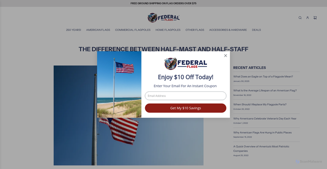 Security scan screenshot of https://www.federalflags.com/blogs/federal-flags/the-difference-between-half-mast-and-half-staff?srsltid=AfmBOopPk-quuAOBq7JnFK0cHhj3ir2yMfVRbcJP6EgOYvIGSxhTtshG