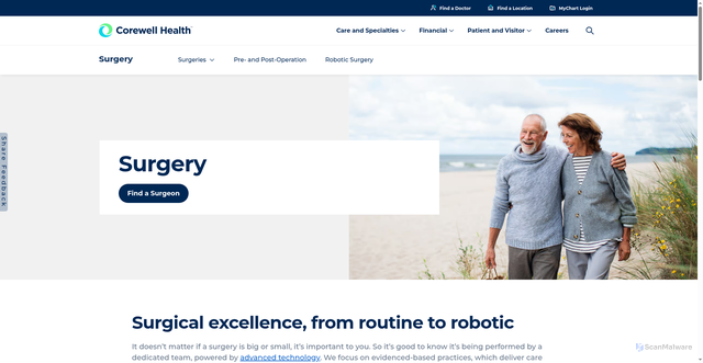 Security scan screenshot of https://corewellhealth.org/care-and-specialties/surgery