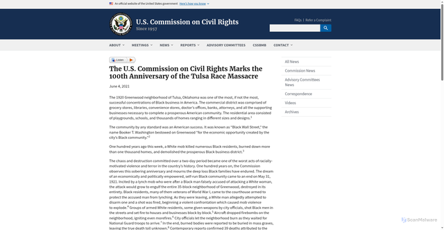 Security scan screenshot of https://www.usccr.gov/news/2021/us-commission-civil-rights-marks-100th-anniversary-tulsa-race-massacre