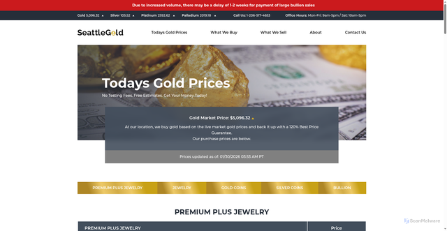 Security scan screenshot of https://seattlegold.com/todays-gold-prices-in-seattle/
