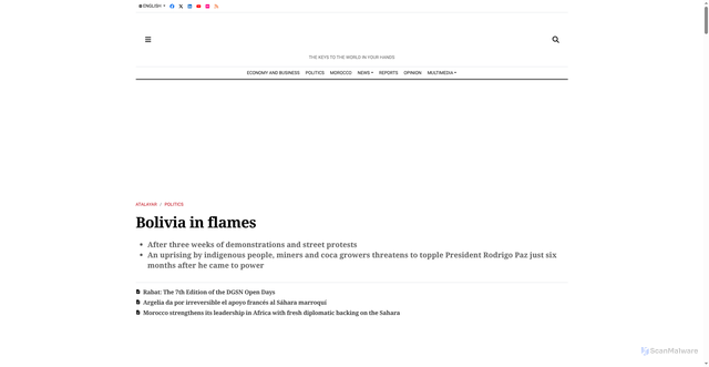 Security scan screenshot of https://www.atalayar.com/en/articulo/politics/bolivia-in-flames/20260520190000225840.html