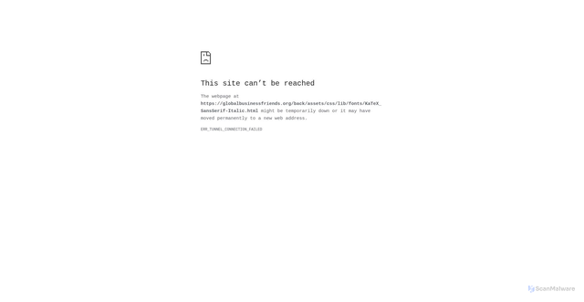 Security scan screenshot of https://globalbusinessfriends.org/back/assets/css/lib/fonts/KaTeX_SansSerif-Italic.html