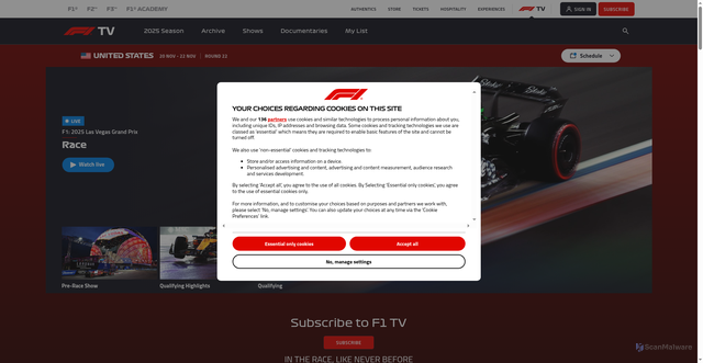 Security scan screenshot of https://f1tv.formula1.com/