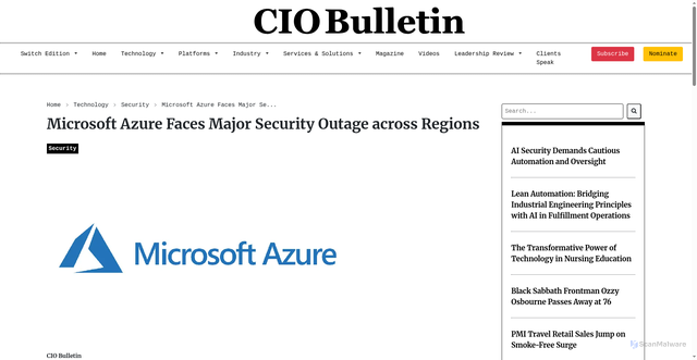 Security scan screenshot of https://ciobulletin.com/security/microsoft-azure-major-security-outage-regions