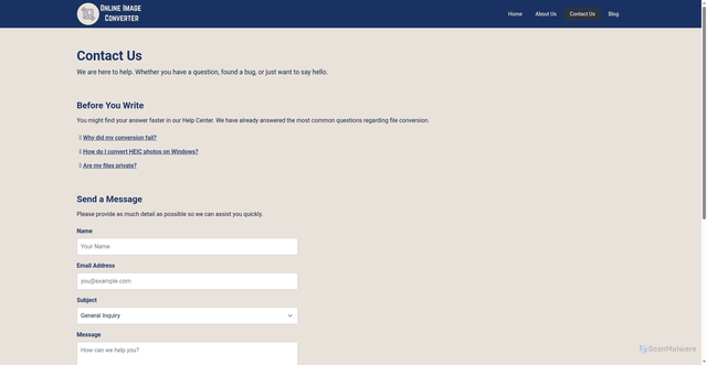 Security scan screenshot of https://onlineimageconverter.site/contact