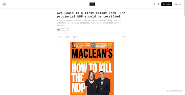 Security scan screenshot of https://freddelorey.substack.com/p/avi-lewis-is-a-first-ballot-lock