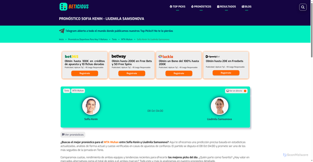 Security scan screenshot of https://www.beticious.com/pronosticos/tenis/wta-wuhan/sofia-kenin-vs-liudmila-samsonova-08-10-2025