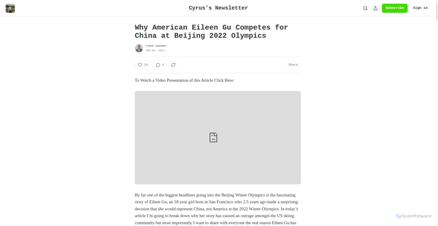 Security scan screenshot of https://cyrusjanssen.substack.com/p/why-american-eileen-gu-competes-for