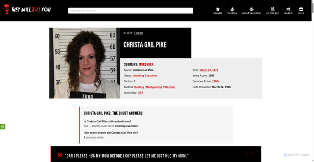 Security scan screenshot of https://theywillkillyou.com/profile/christa-gail-pike
