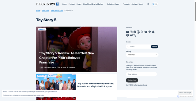 Security scan screenshot of https://pixarpost.com/category/pixar-films/pixar-feature-films/toy-story-5