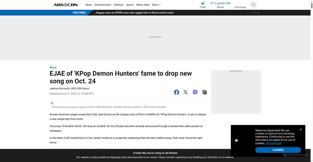 Security scan screenshot of https://www.abs-cbn.com/entertainment/showbiz/music/2025/10/7/ejae-of-kpop-demon-hunters-fame-to-drop-new-song-on-oct-24-1210