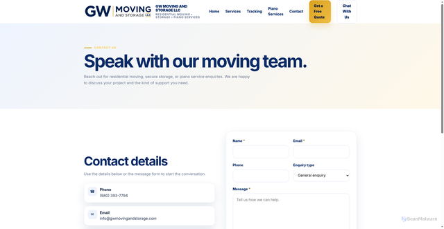 Security scan screenshot of https://gwmovingandstorage.pages.dev/contact