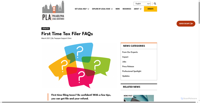 Security scan screenshot of https://philalegal.org/news/first-time-tax-filer-faqs