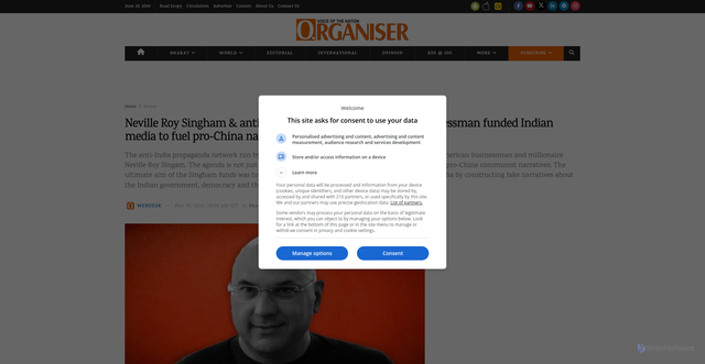 Security scan screenshot of https://organiser.org/2026/03/29/346264/bharat/neville-roy-singham-how-the-us-businessman-funded-indian-media-to-fuel-pro-china-narrative/