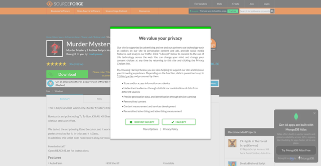 Security scan screenshot of https://sourceforge.net/projects/murder-mystery-2-script-roblox/