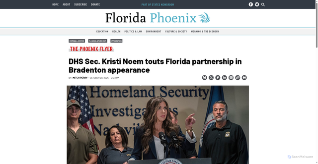 Security scan screenshot of https://floridaphoenix.com/briefs/dhs-sec-kristi-noem-touts-florida-partnership-in-bradenton-appearance/